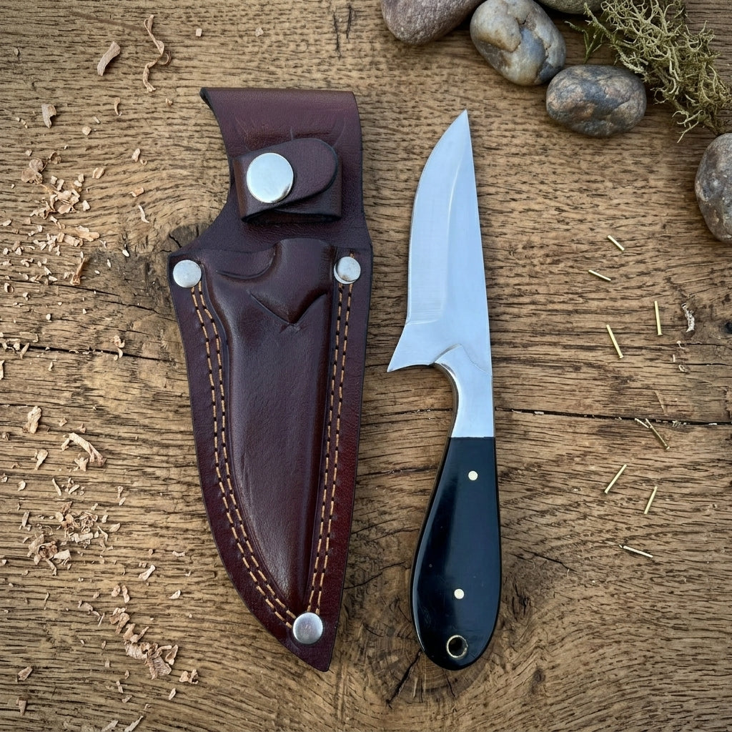 A fixed-blade knife with a silver blade and black handle lies beside a dark brown leather sheath on a rustic wooden surface with small stones and wood shavings nearby.