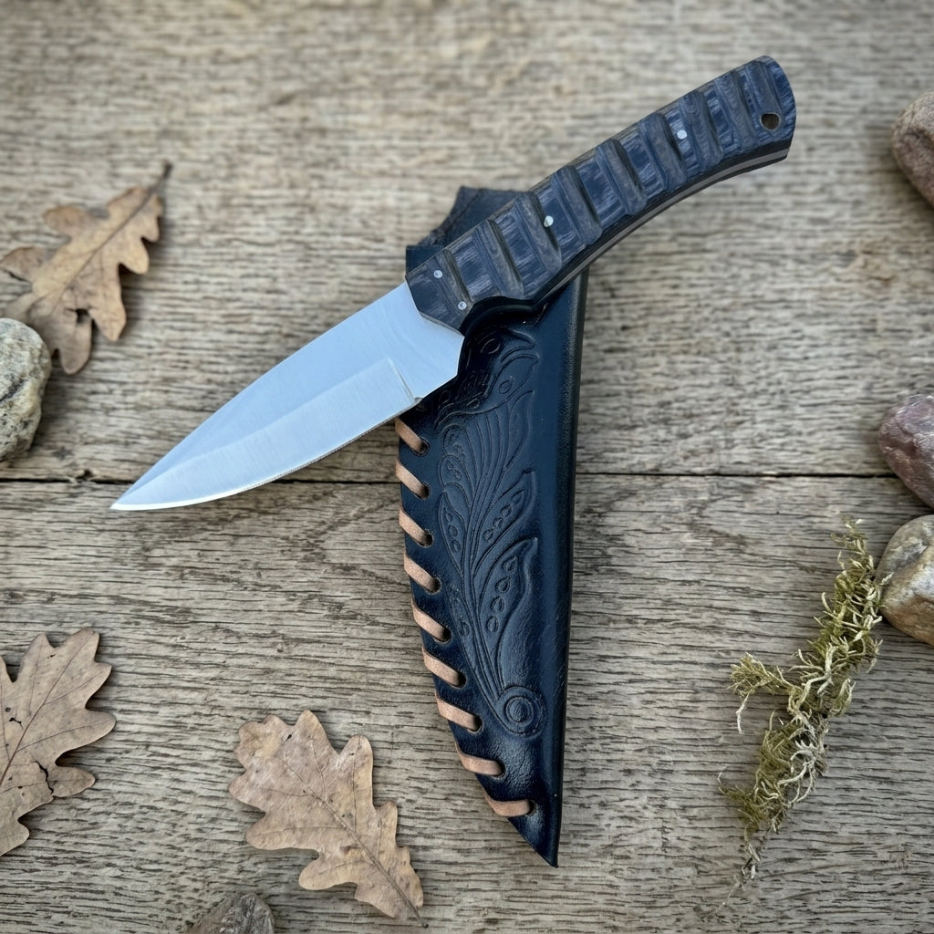A fixed-blade knife with a silver steel blade and a textured black handle, shown partially sheathed in a black leather sheath with tan stitching, placed on a rustic wooden surface with scattered oak leaves.