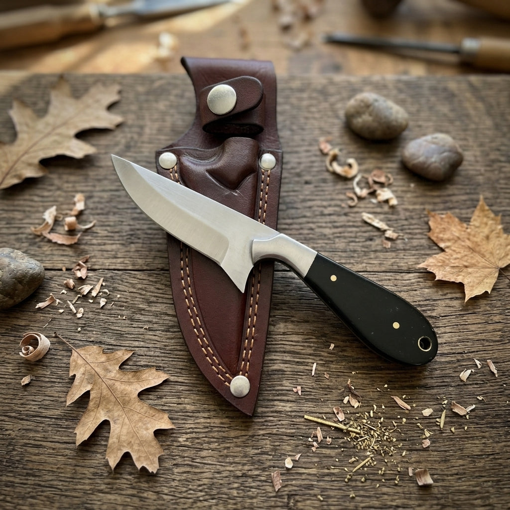 A fixed-blade knife with a silver steel blade and black handle lies on a brown leather sheath over a rustic wooden surface, surrounded by dried leaves, wood shavings, and small stones.