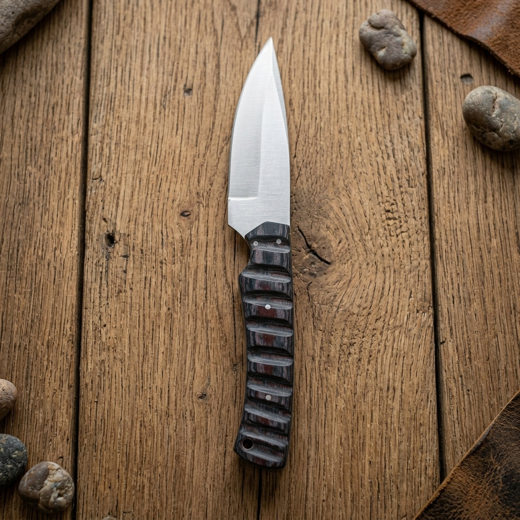 A fixed-blade knife with a satin-finished silver blade and a textured black handle with subtle red accents, displayed diagonally on a rustic wooden plank surface with small stones.