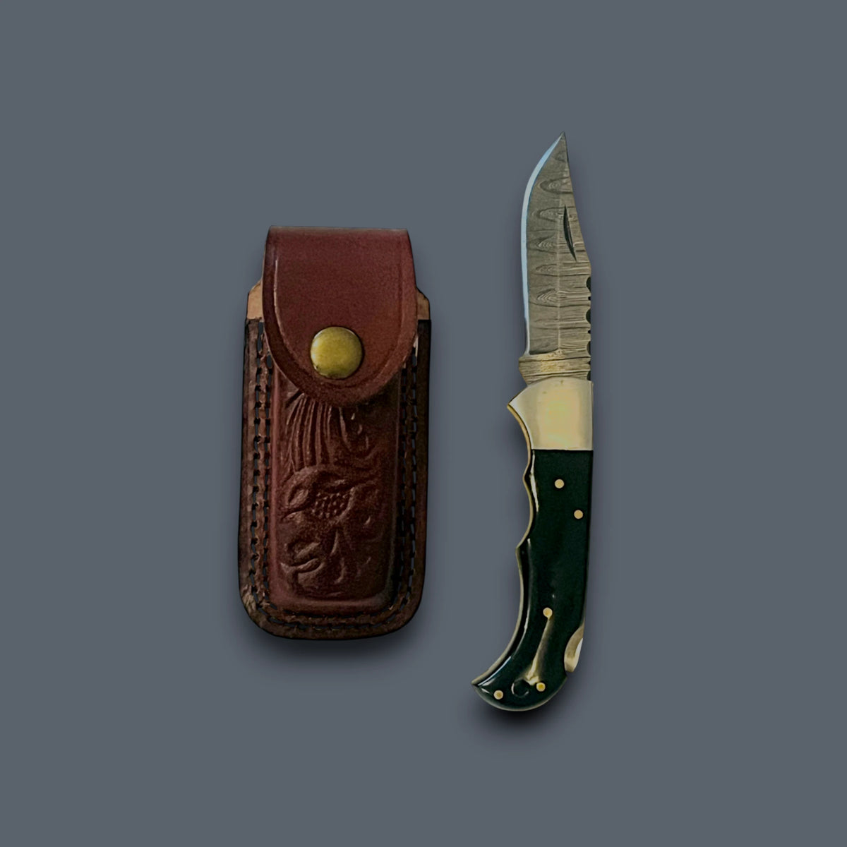 Damascus Steel Folding Pocket Knife with Genuine Leather Sheath – 3" Hand-Forged Blade, EDC & Outdoor Knife