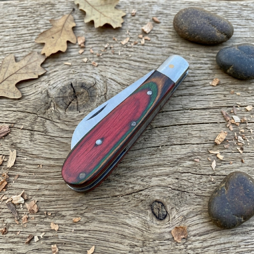 A folding pocket knife with a red and green marbled wood handle and a silver steel blade, resting on a rustic weathered wood surface with scattered oak leaves and stones.