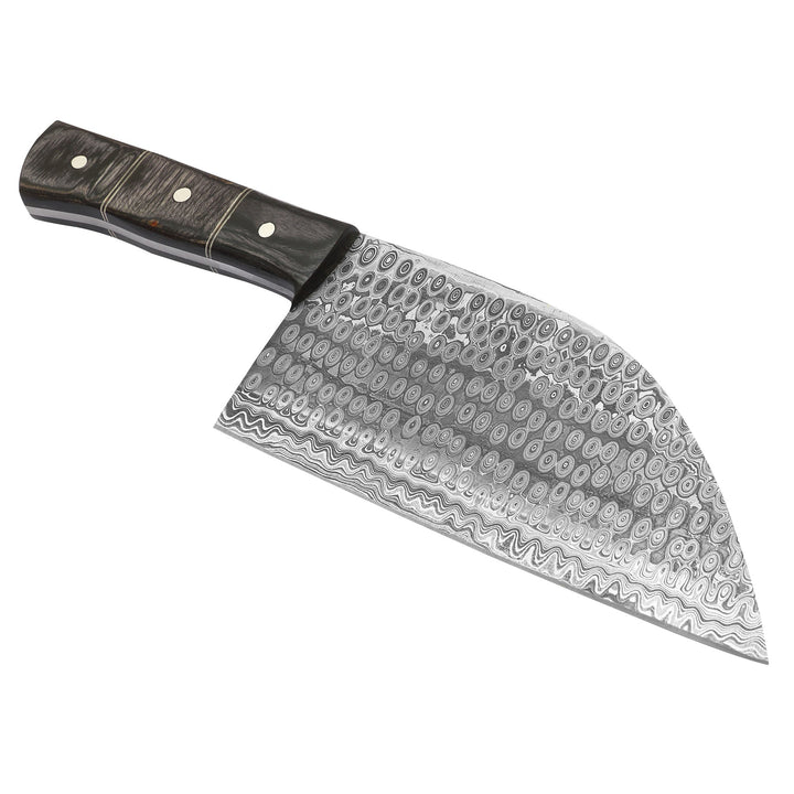 Angled view of Damascus kitchen cleaver with pakkawood handle