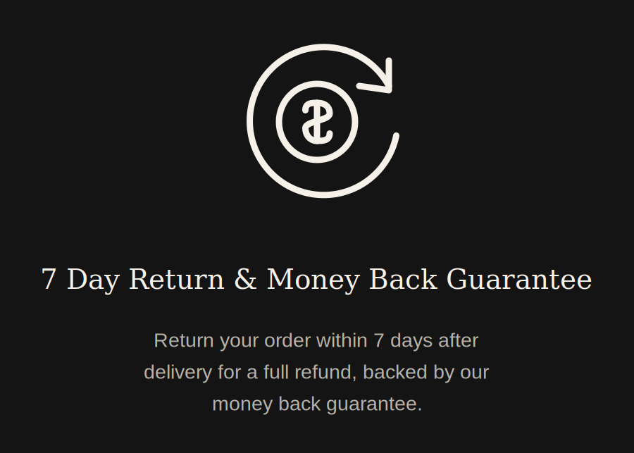 A black promotional graphic with a white circular arrow icon and text reading '7 Day Return & Money Back Guarantee' and a smaller paragraph below about returning an order within 7 days for a full refund.