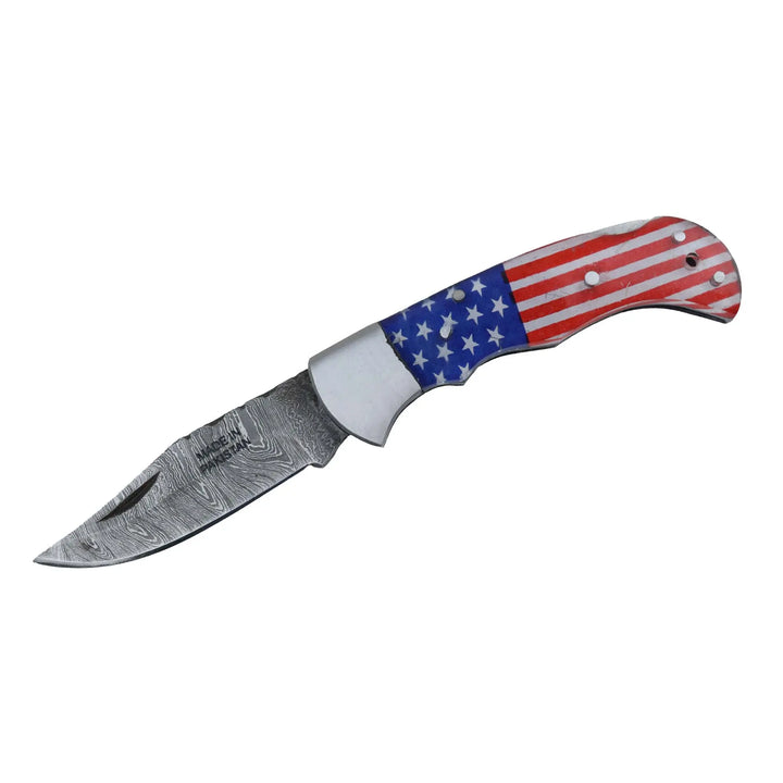 Hand-forged Damascus steel pocket knife with American flag handle, 6.5 inch folding blade