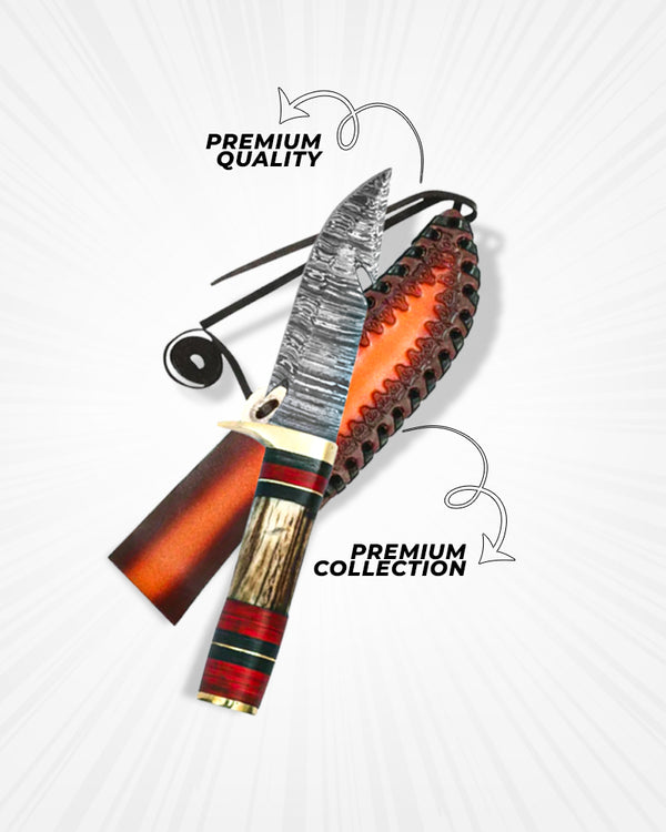 Handcrafted 9.5-inch Damascus Steel Blade Hunting Knife with Horn Handle and Premium Cowhide Leather Sheath