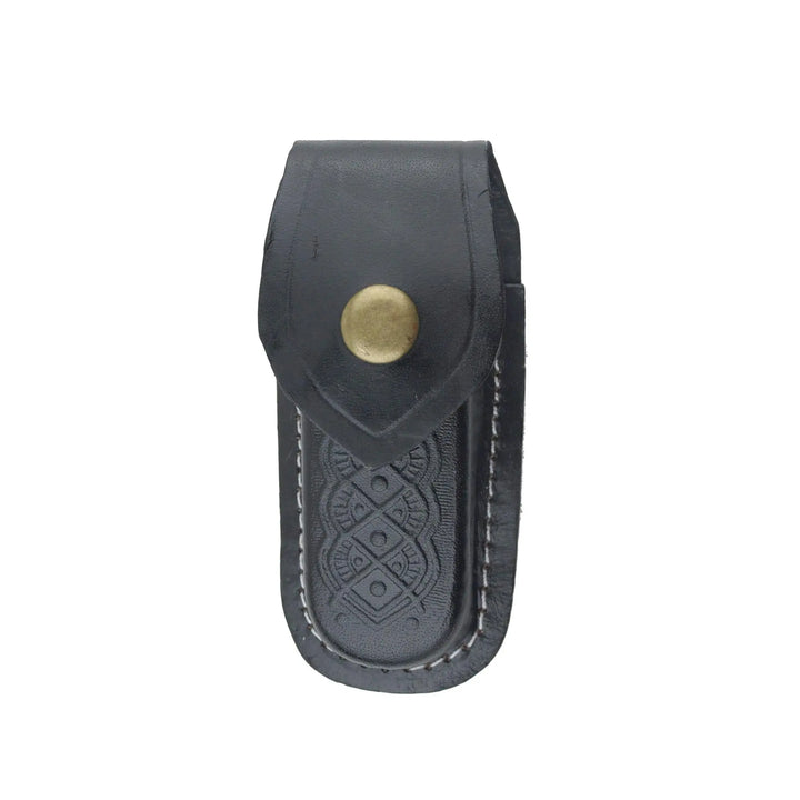 Handcrafted leather sheath for Damascus folding knife closed view