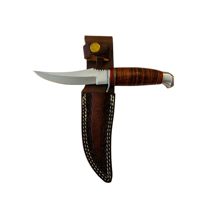 Top view of Damascus steel hunting knife with full tang wooden handle