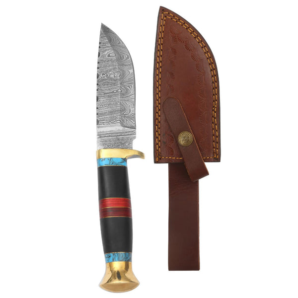 Premium 10.5-Inch Damascus Blade Hunting Knife with Brass Bolster, Wood and Leather Handle
