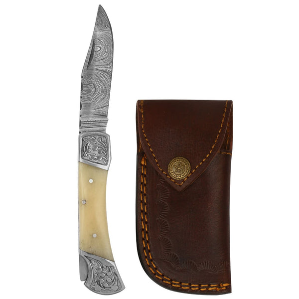 Exquisite Folding Pocket Knife with Flower Steel Bolster | Bone Handle and 3.5" Damascus Blade