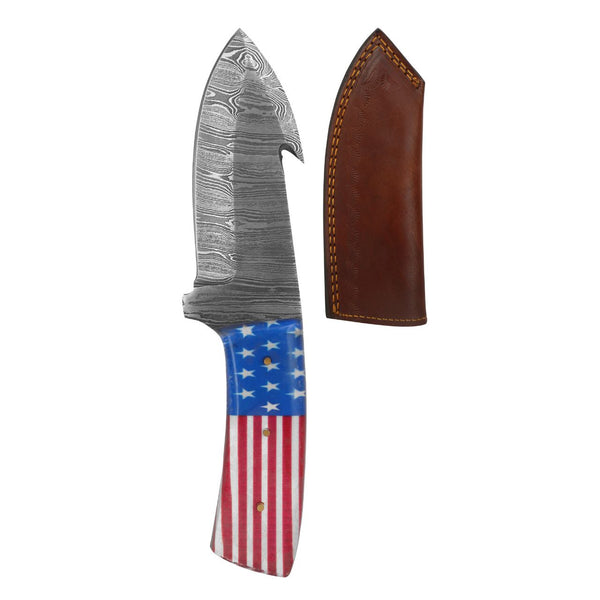 Patriotic 9-Inch Damascus Steel Shark Hook Blade Hunting Knife with American Flag Handle and Genuine Cowhide Leather Sheath
