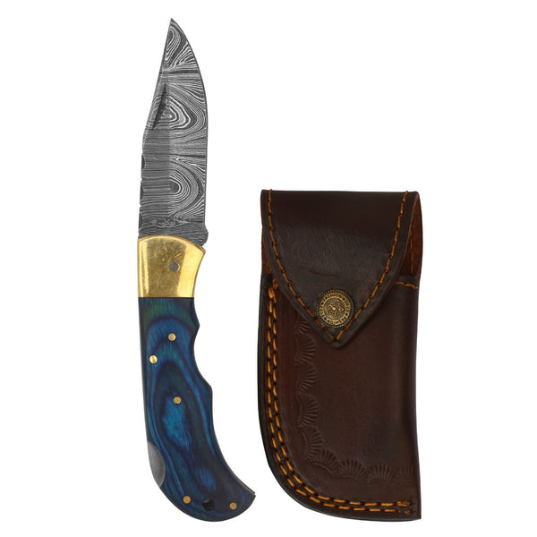 Elegant 7.5-Inch Damascus Steel Blade Pocket Knife with Brass Bolster and Blue Pekkawood Handle