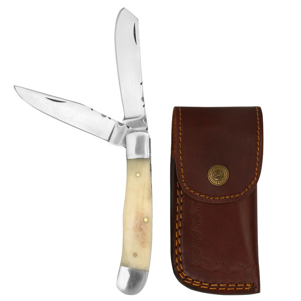 Premium 7.5” 2-Blade Trapper Knife with White Bone Handle, Stainless Steel Bolster, and Cowhide Leather Sheath