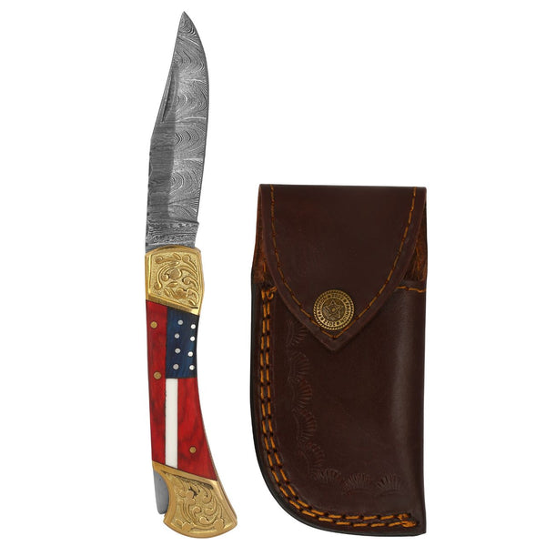 4-Inch Damascus Steel Blade Pocket Knife with Flower Brass Bolster and US Flag Handle