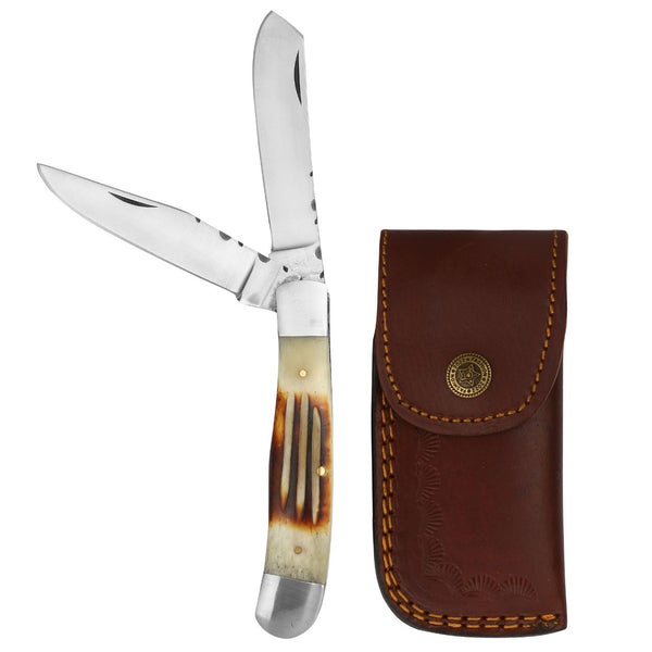 Premium 7.5” 2-Blade Trapper Knife with Burn Bone Handle and Leather Sheath