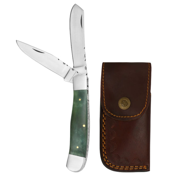 Classic 2-Blade Trapper Knife with Dark Green Bone Handle | Leather Sheath Included | 7.5 inch