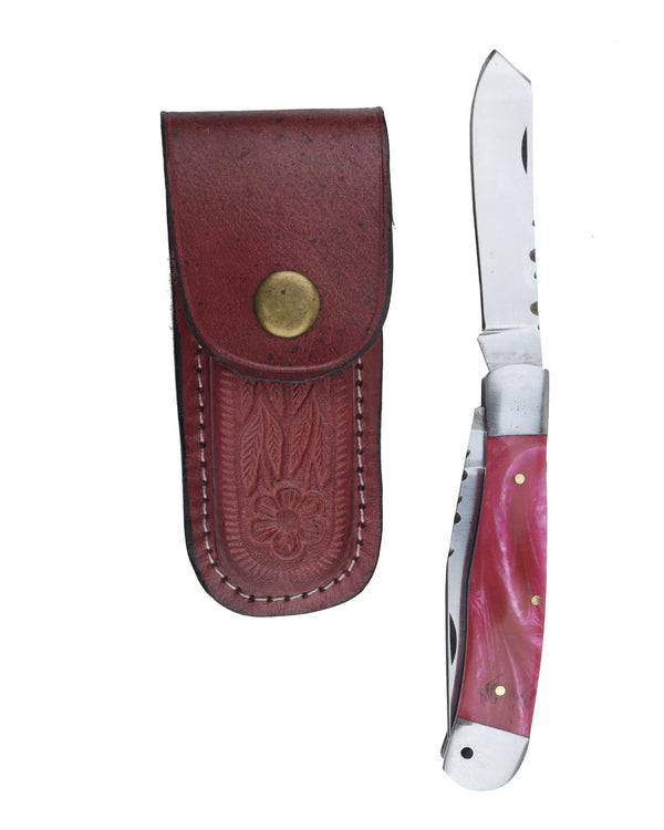 Classic Double Blade American Trapper Knife with Pink Handle & Sheath