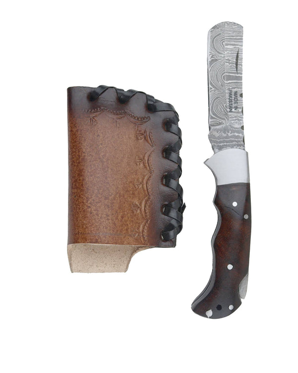 Damascus Razor-Style Pocket Knife with Wood Handle & Leather Sheath