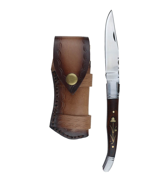 Pocket Knife with Dark Wood Handle & Leather Sheath – 8.5" Total Length