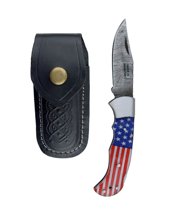 Patriotic US Flag Pocket Knife with Leather Sheath, 6.5" Total Length