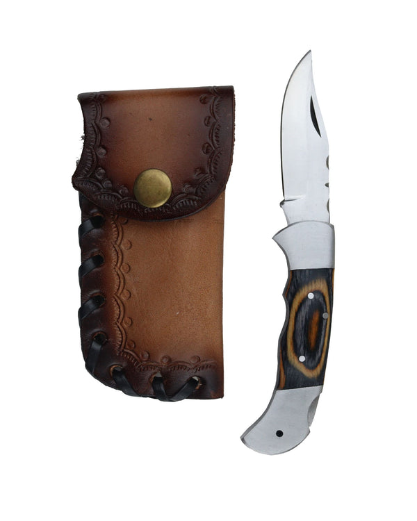 Pocket Knife with Multicolor Wood Handle & Leather Sheath