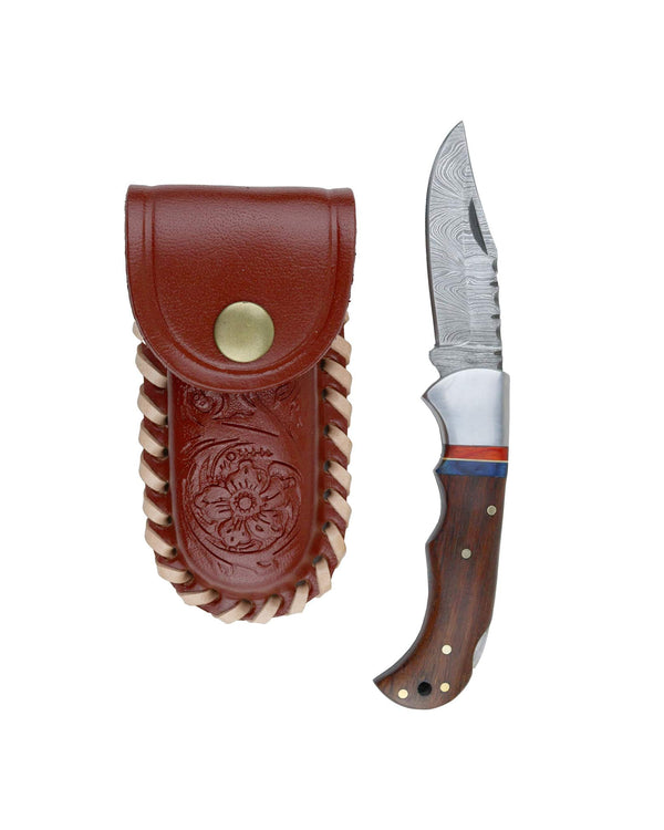 Pocket Knife with Damascus Blade, Wood Handle & Braided Leather Sheath