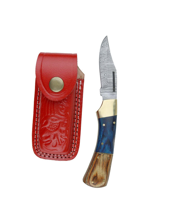 Pocket Knife with Damascus Blade & Dark Wood Handle + Leather Sheath