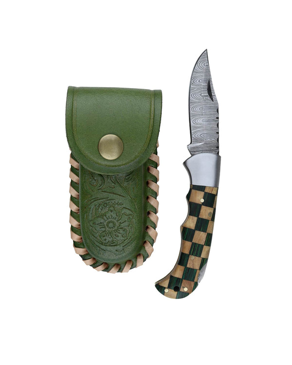 Pocket Knife with Damascus Blade & Green Multicolor Wood Handle