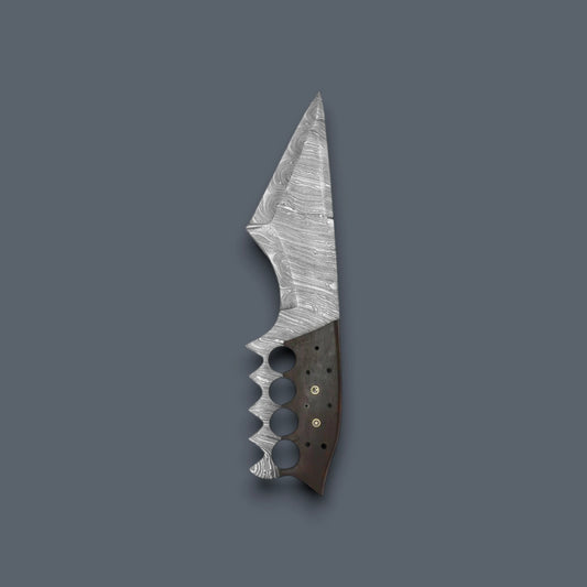 A custom fixed-blade knife with a patterned Damascus steel blade and a dark brown textured handle featuring a knuckle bow, set against a solid dark gray background.