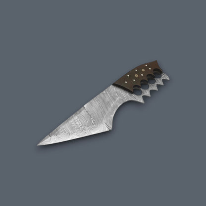 A brown leather knife sheath containing a folding knife with a dark handle and silver serrated blades, displayed diagonally on a solid dark gray background.