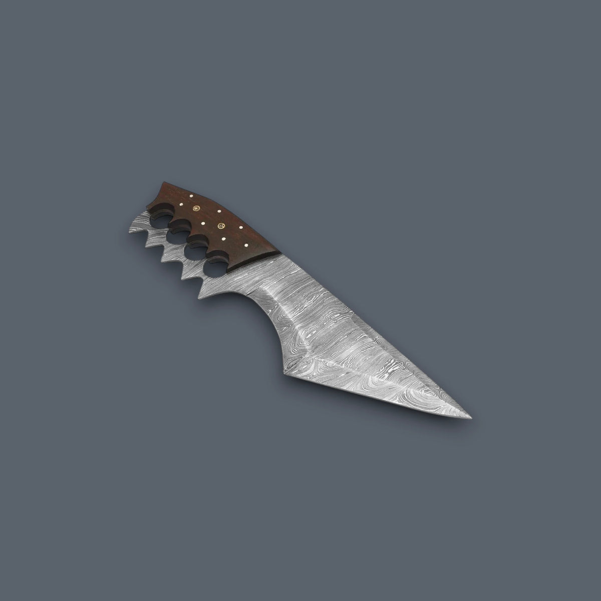 A custom knife with a patterned Damascus steel blade and a brown wooden handle featuring finger grooves and brass pins, shown on a solid dark gray background.
