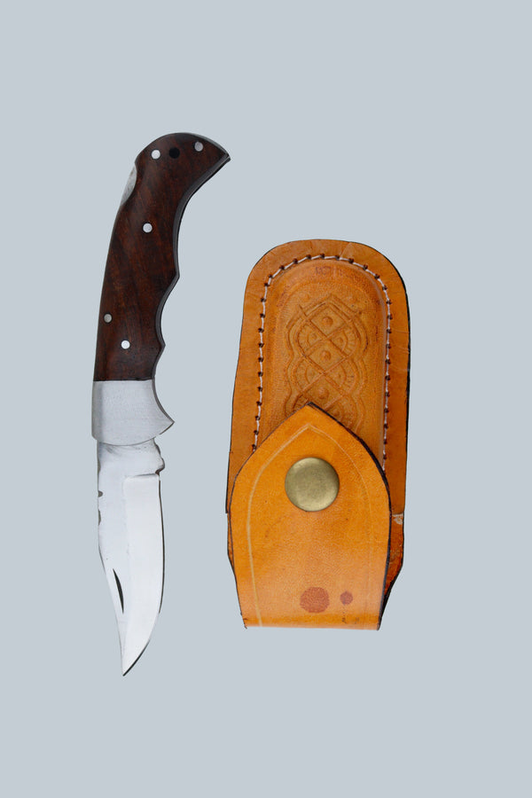 Lockback Damascus folding pocket knife with wooden handle and leather sheath – premium EDC knife by Damascen Knives