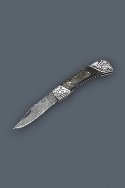 The Squire – Damascus Folding Knife with Multicolor Wood Handle & Leather Sheath