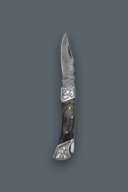 The Squire – Damascus Folding Knife with Multicolor Wood Handle & Leather Sheath