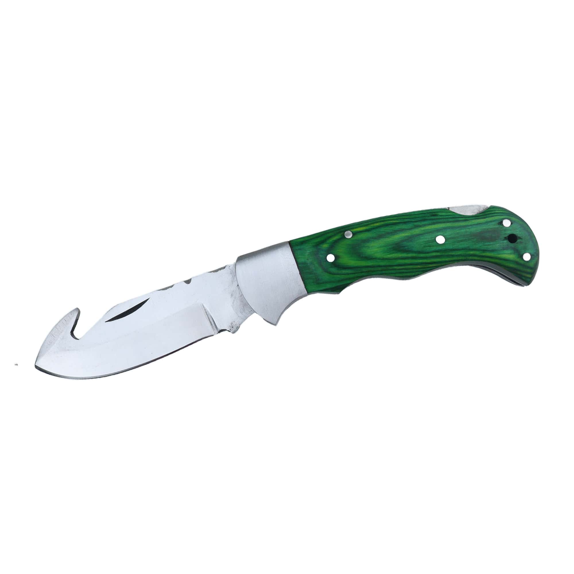 Stainless Steel Pocket Knife with Hook Blade & Green Wood Handle