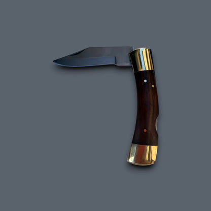 "Old School" Stainless Steel Folding Pocket Knife — Rosewood Handle, Double Brass Bolster, 3.5" Blade with Genuine Leather Sheath
