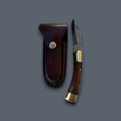 "Old School" Stainless Steel Folding Pocket Knife — Rosewood Handle, Double Brass Bolster, 3.5" Blade with Genuine Leather Sheath