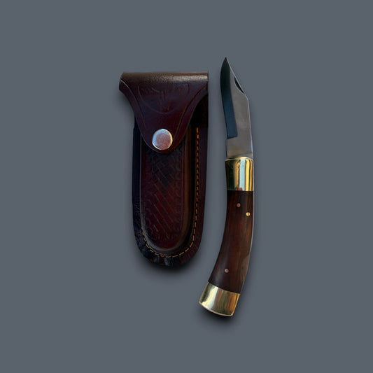 "Old School" Stainless Steel Folding Pocket Knife — Rosewood Handle, Double Brass Bolster, 3.5" Blade with Genuine Leather Sheath