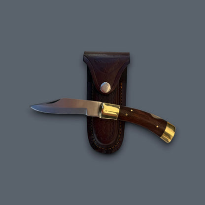 "Old School" Stainless Steel Folding Pocket Knife — Rosewood Handle, Double Brass Bolster, 3.5" Blade with Genuine Leather Sheath