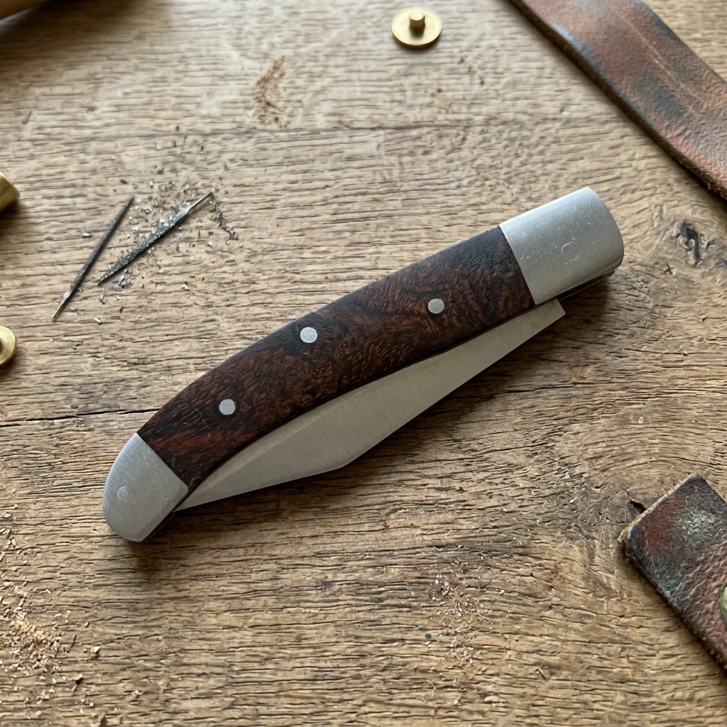 Plain dark Pakkawood handle with double stainless steel bolsters and visible pins
