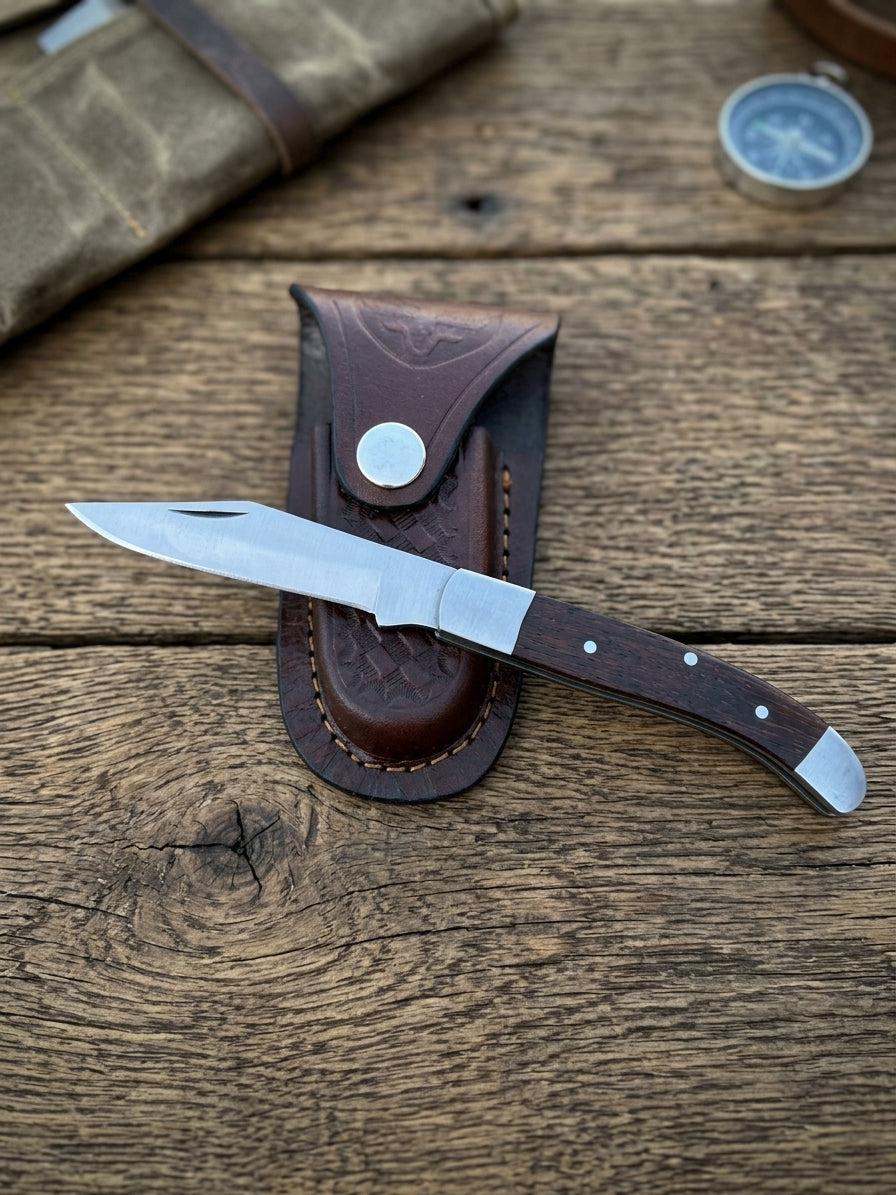 Old Southern style stainless steel pocket knife with plain dark Pakkawood handle and cowhide leather sheath