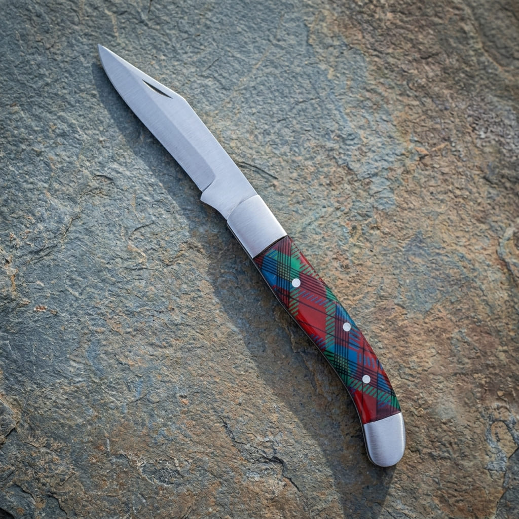 A old southern stainless steel pocket knife with a silver steel blade and a red, green, and blue tartan patterned handle, resting diagonally on a textured gray stone surface.