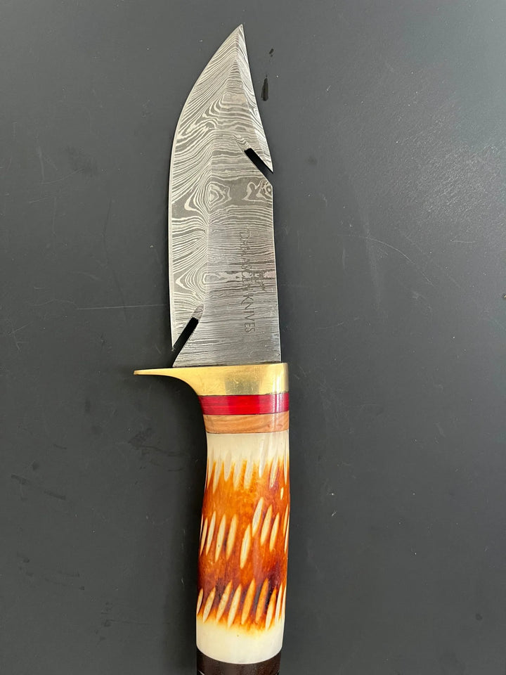 Premium Damascus hunting knife with horn handle, ideal for collectors and outdoor enthusiasts.