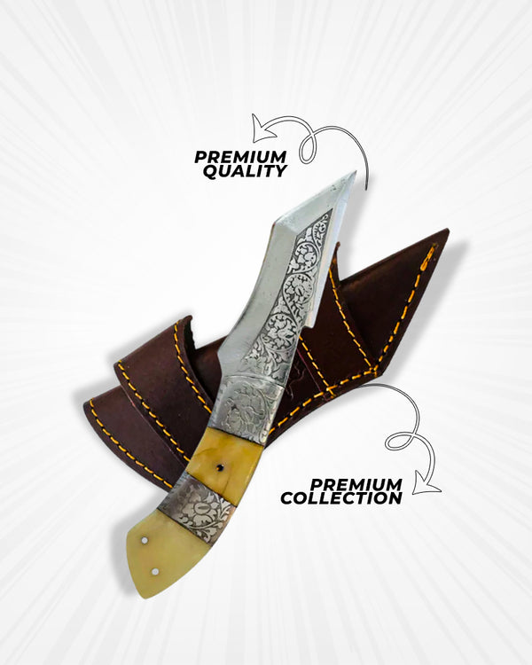 Premium Damascus Stainless Steel Knife – Engraved 4” Fixed Blade, Bone Handle & Handmade Leather Sheath