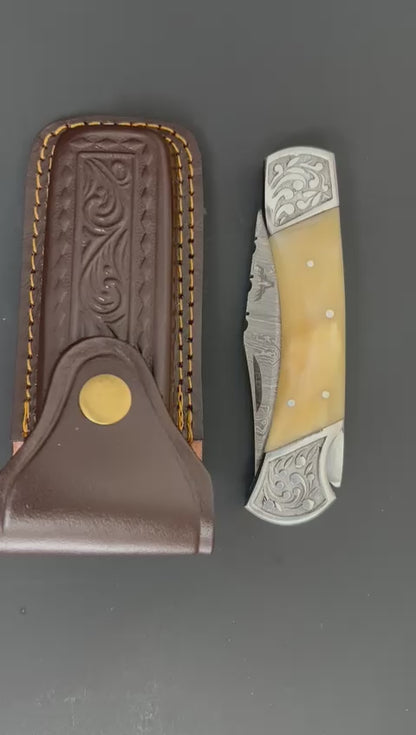 Heritage Utility – Folding Utility Knife with Bone Handle & 3’’ Damascus Steel Blade