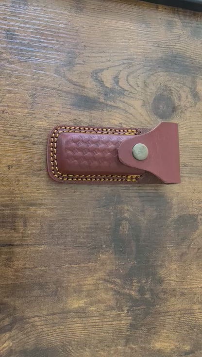 The Forager – Damascus Blade Folding Knife with Multicolor Wood Handle & Leather Sheath
