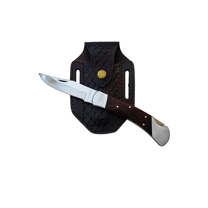 Puma Classic Damascus folding knife displayed with leather sheath – open blade and dark wood handle