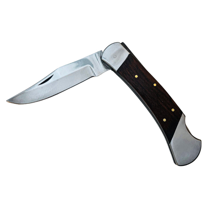 Puma Classic Damascus folding knife displayed with matching leather sheath