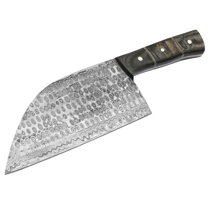 Side profile of full tang butcher knife – Damascus steel blade and riveted handle