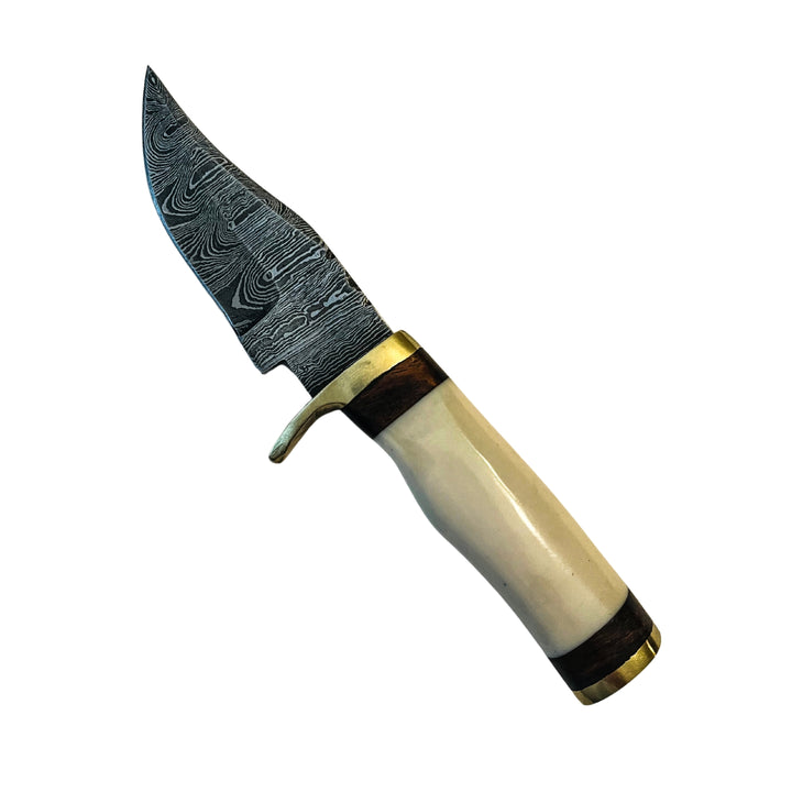 Damascus steel skinning knife with polished bone handle, front view